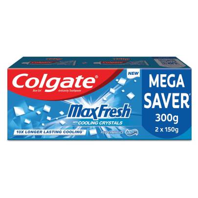 Colgate MaxFresh Toothpaste, Blue Gel Paste with Menthol for Super Fresh Breath, 300g, 150g X 2 (Peppermint Ice, Saver Pack)
