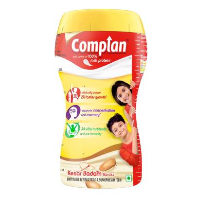 Complan Nutrition and Health Drink Kesar Badam 500g, Jar pack with power of 100% Milk Protein and contrains 34 Vital Nutrients