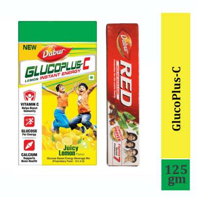 Dabur Glucoplus C Lemon - 125gm (Free Dabur Red Paste Worth 10/-)
