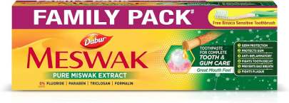 Dabur Meswak Toothpaste, with Free Toothbrush - For Complete Gum Care, Paraben & Fluoride Free, 300g