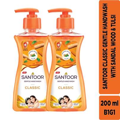 Santoor Classic Gentle Hand Wash - With Goodness Of Sandalwood & Tulsi, 200 ml (Pack of 2)
